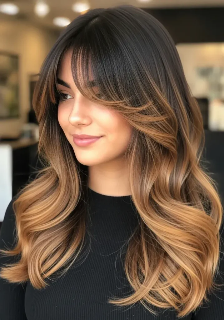 Dark Caramel Balayage with Curtain Bangs Dark Caramel Balayage Hair Color