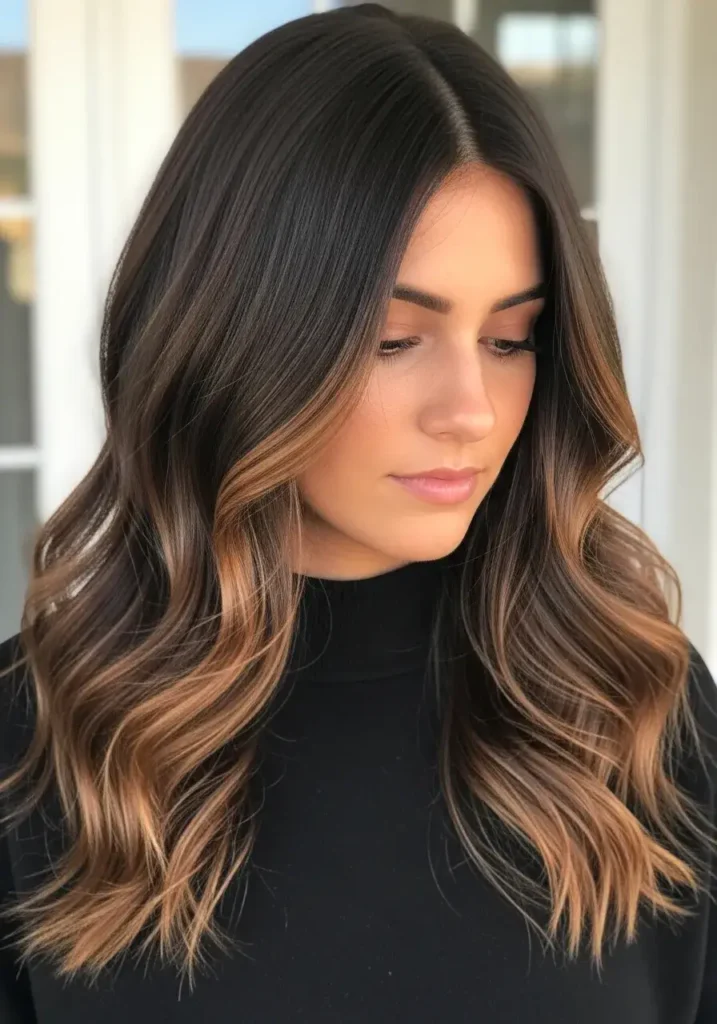 Deep Brunette with Rich Caramel Ribbons Dark Caramel Balayage Hair Color