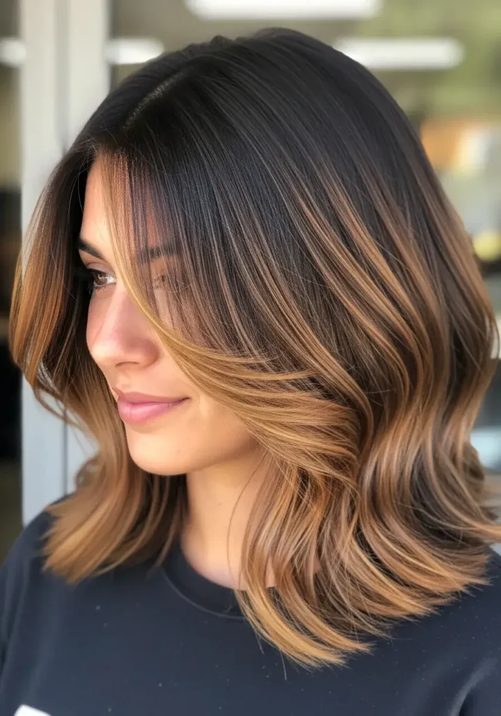 Layered Lob with Caramel Accents Dark Caramel Balayage Hair Color