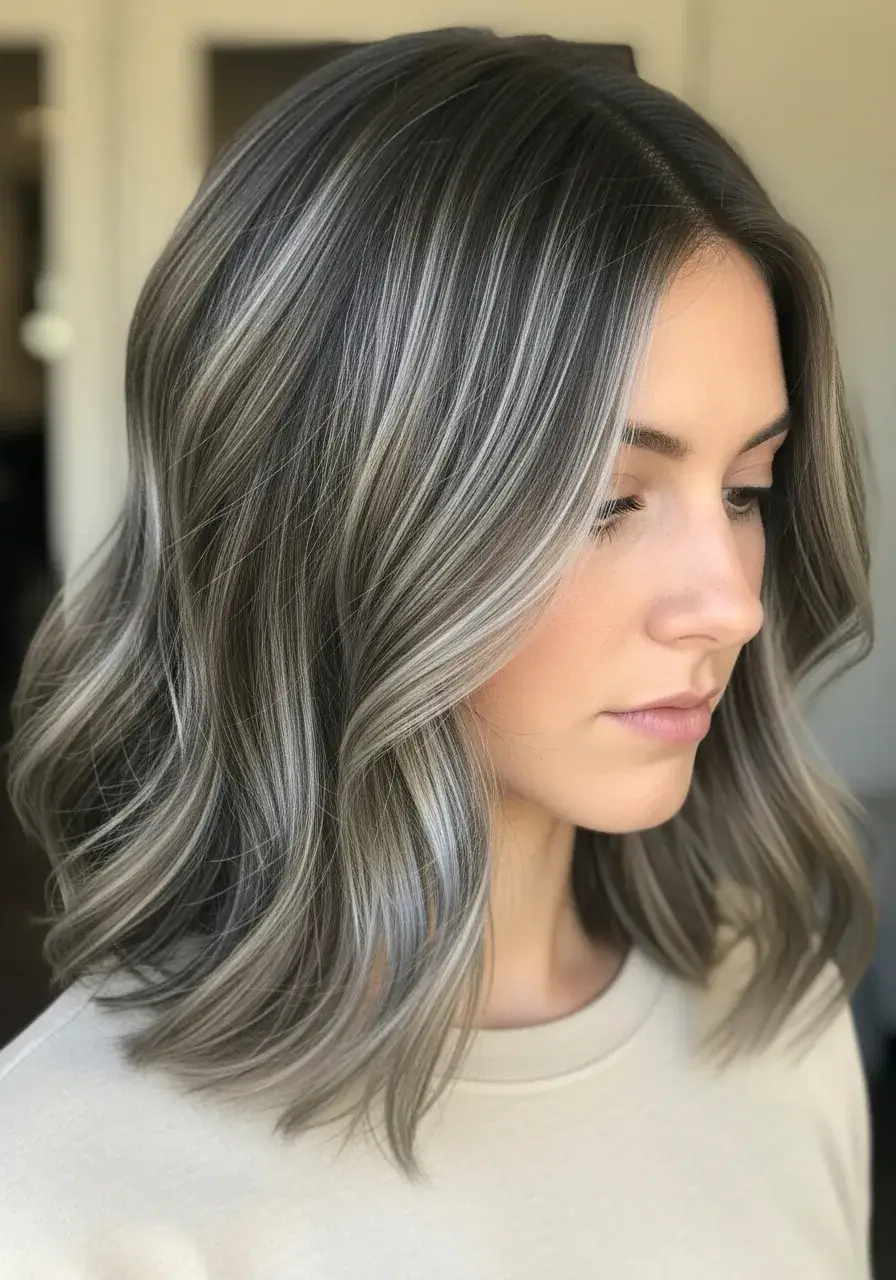 Medium Brown Lob with Thin Silver Ribbons Haircolor