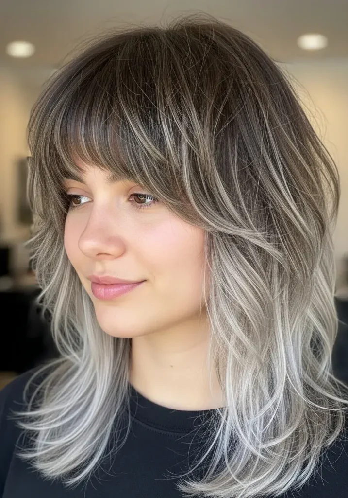 Medium Brown Shag with Silver Tips Haircolor