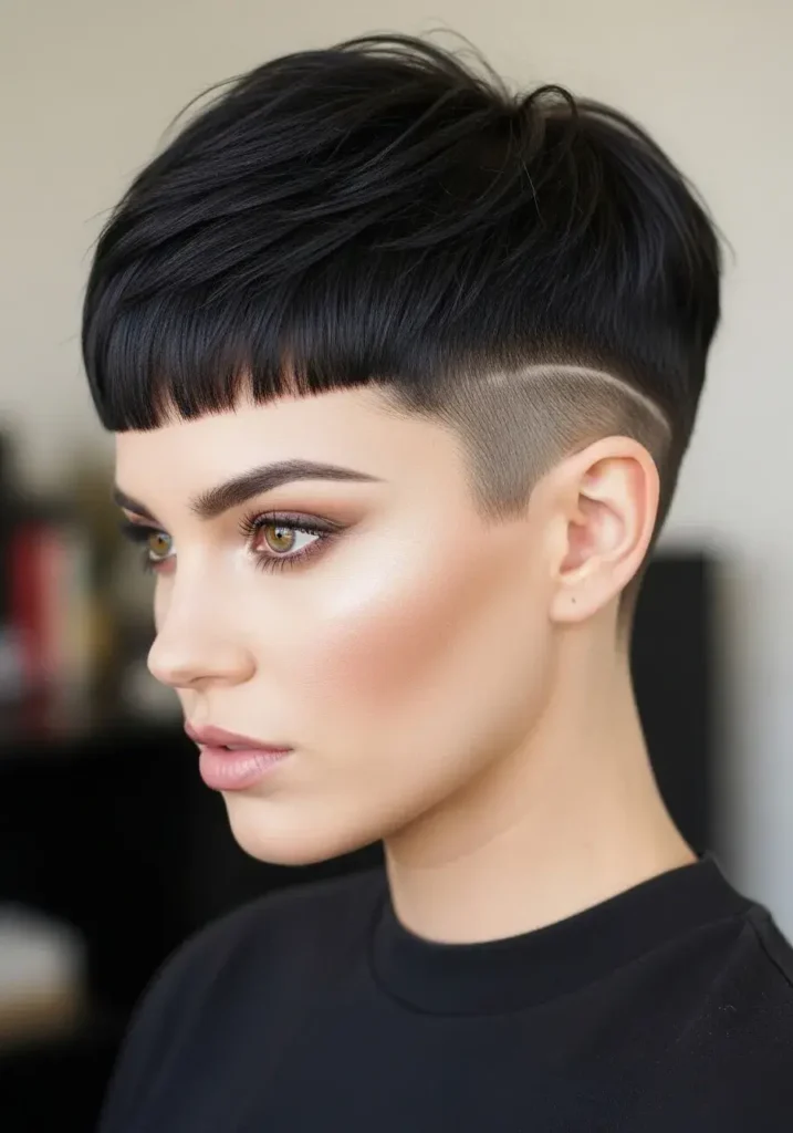 Micro Bangs with Sharp Undercut Pixie Cut Shaved Sides