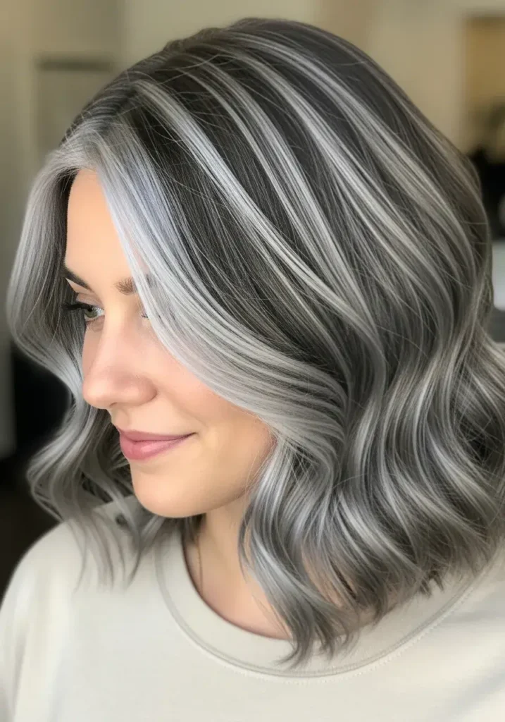 Mocha Brown Hair with Bold Silver Streaks Haircolor