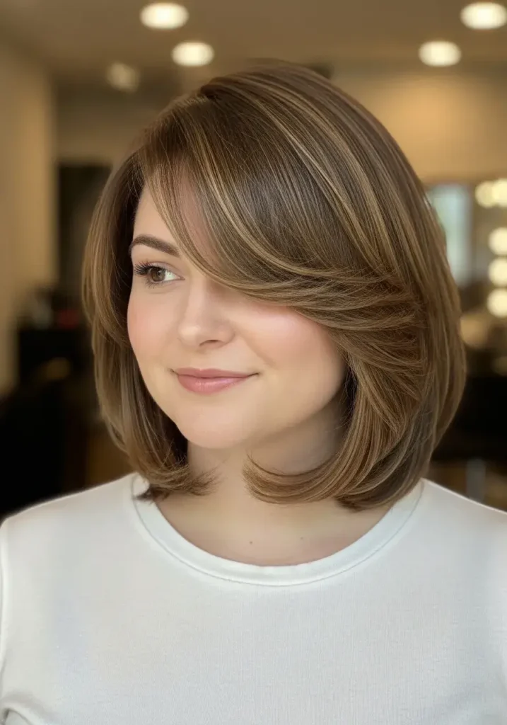 Side-Swept Bangs with Shoulder-Length Round Face Haircuts Medium