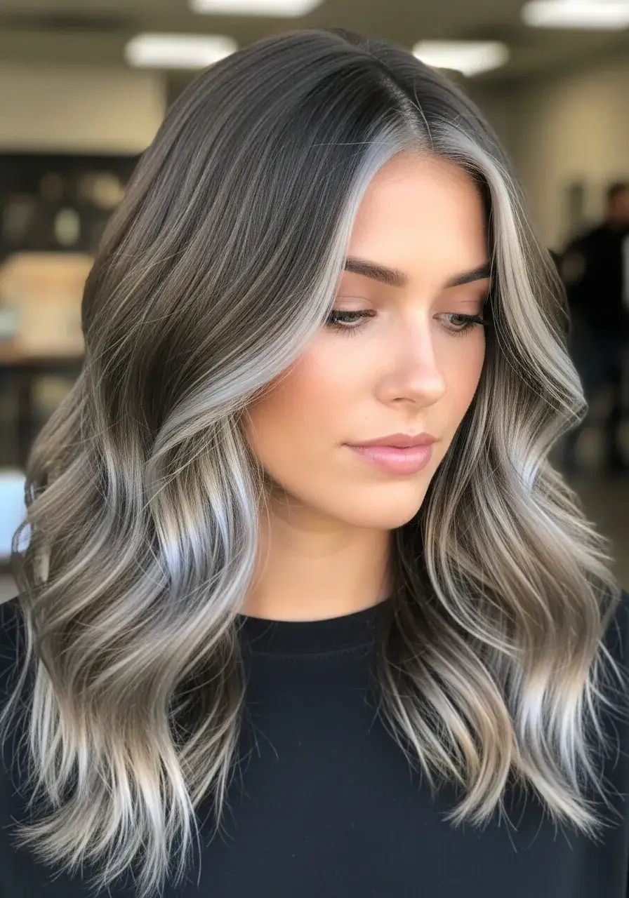 Soft Brown Waves with Silver Face-Framing Highlights  Haircolor