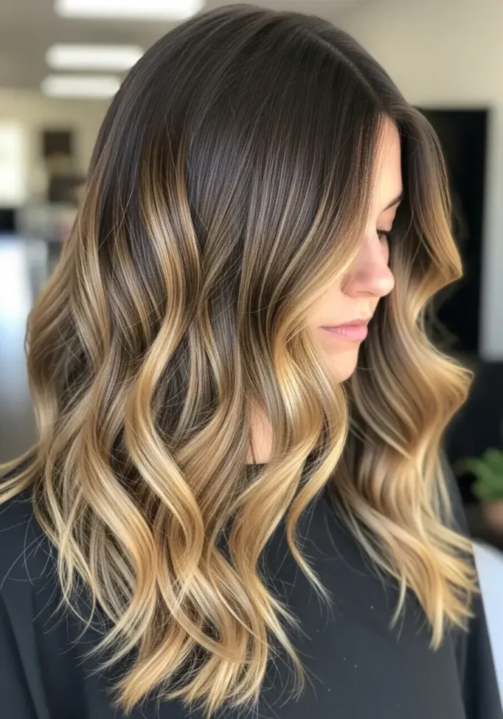 Textured Waves with Caramel Dimension Dark Caramel Balayage Hair Color
