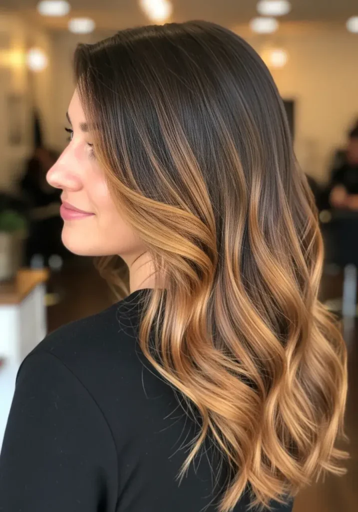 Warm Caramel Blend on Dark Base Dark Caramel Balayage Hair Color