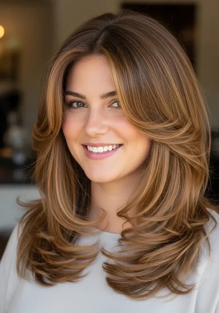 Long Layered Cut with Soft Curls Round Face Haircut