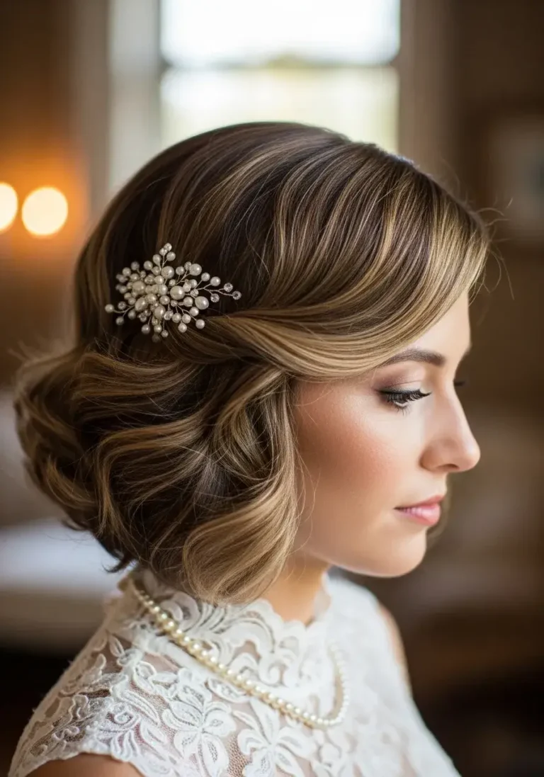 Vintage-Inspired Curled Bob Short Bridal Hairstyle
