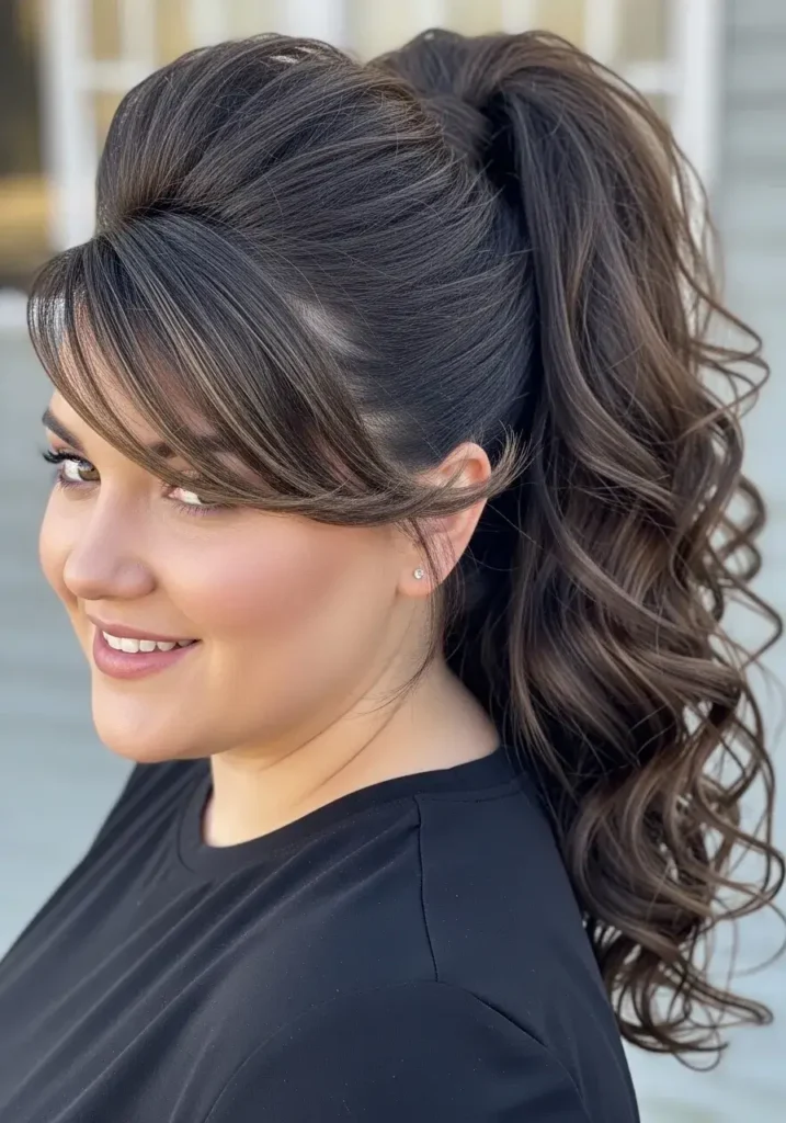 Voluminous Ponytail with Crown Lift Haircut for Chubby Faces