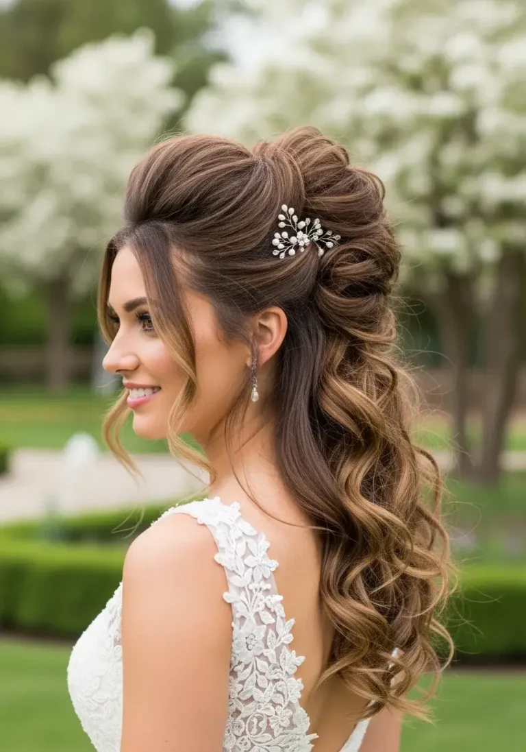 Voluminous Teased Crown Half Up Half Down Wedding Hairstyle