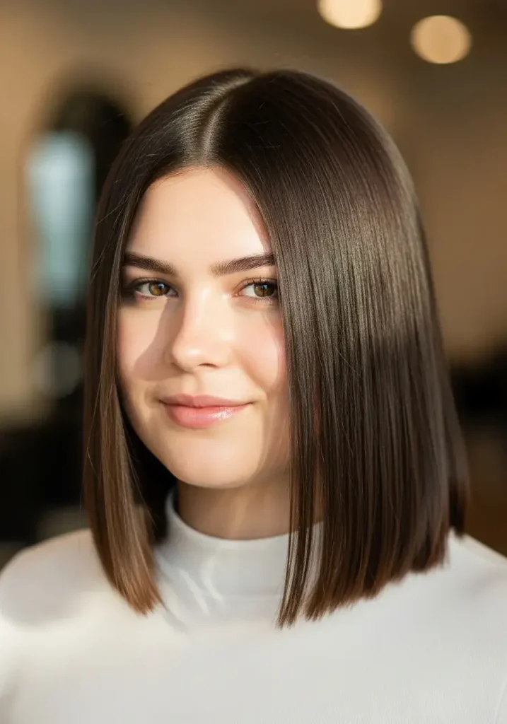 Collarbone-Length Straight Cut Medium Length Haircut for Round Faces Collarbone-Length Straight Cut Medium Length Haircut for Round Faces
