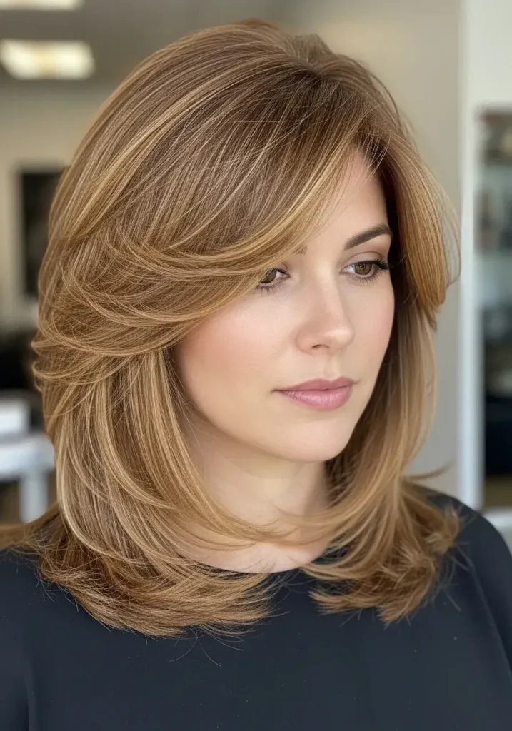 Feathered Layers Medium Length Haircut for Round Faces Feathered Layers Medium Length Haircut for Round Faces