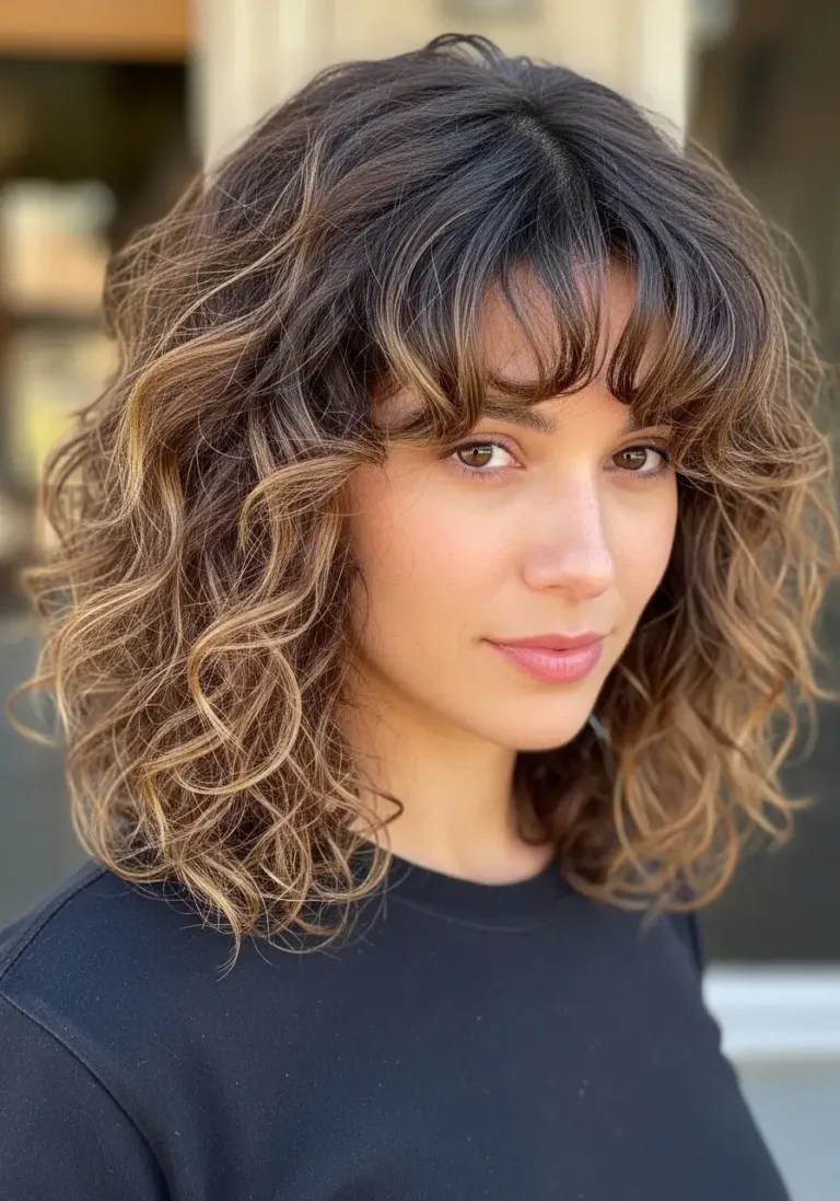 Curly Hair with Wispy Curtain Bangs Hairstyle