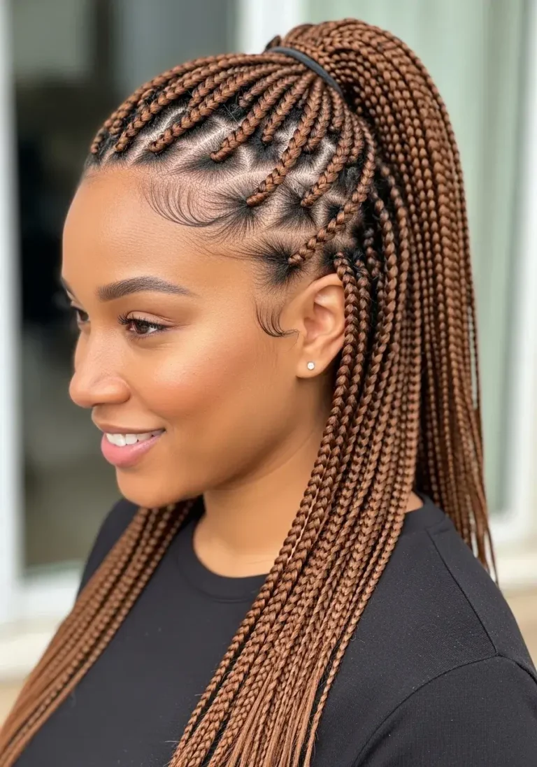 Half Ponytail Medium Knotless Braids Hairstyle