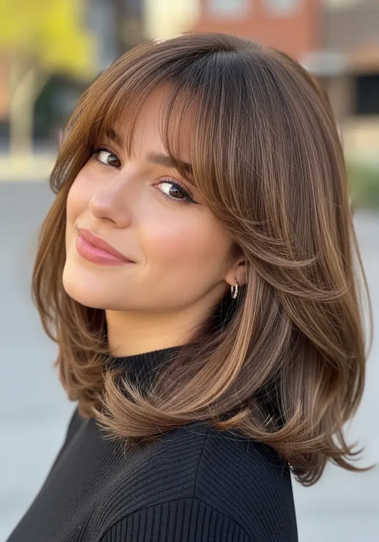 Long Bob with Curtain Bangs and Feathered Ends Haircut