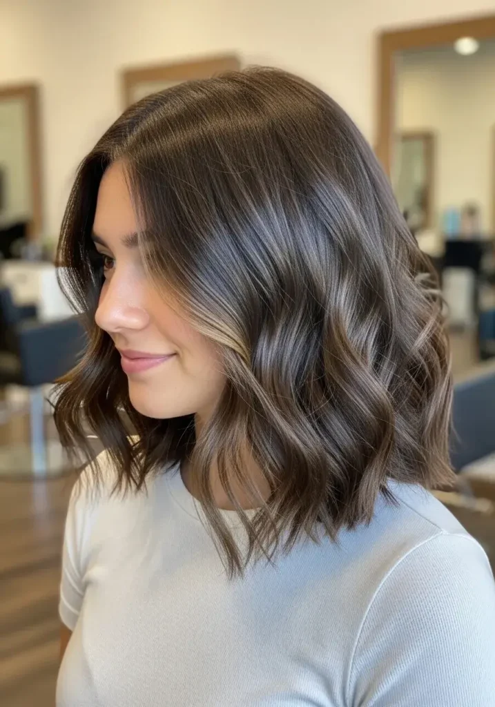 Brunette Wavy Long Bob Haircut