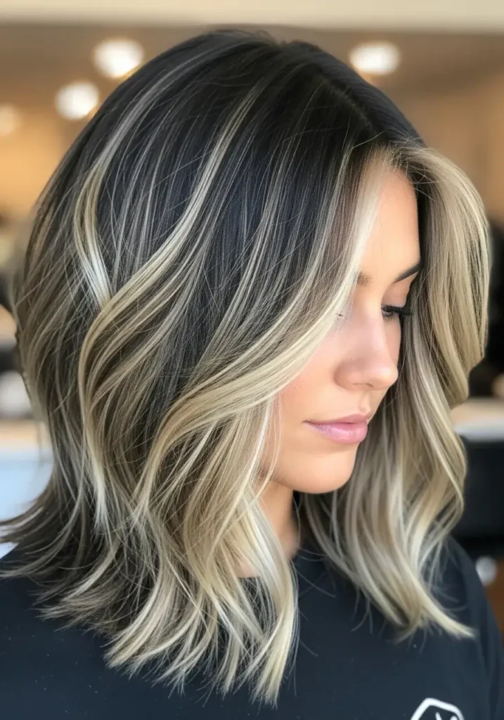 Black and Blonde Layered Long Bob Haircut