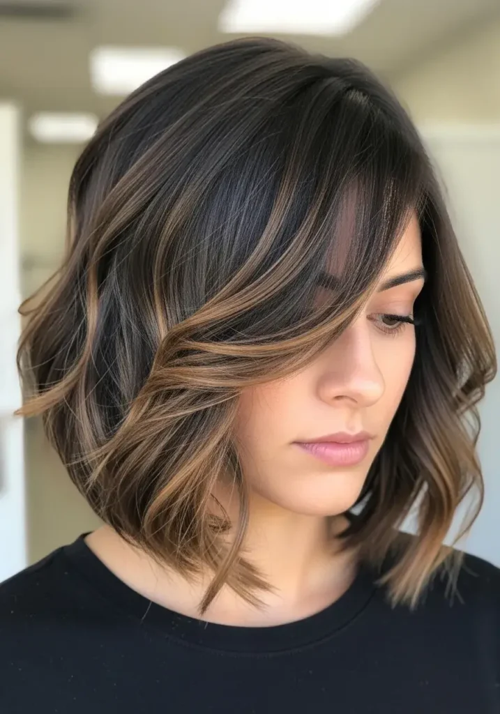 Blunt Angled Bob with Loose Waves Haircut