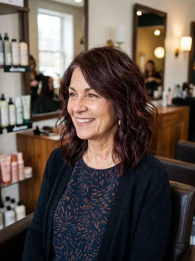 Choppy Lob with Deep Mahogany Long Haircut for Older Women