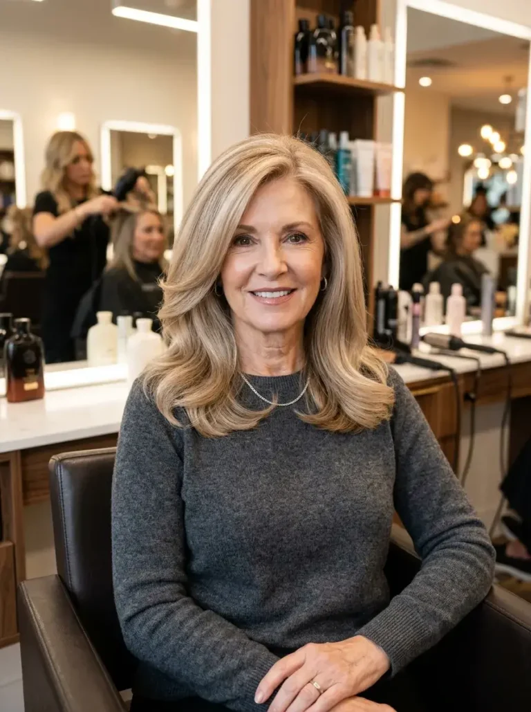 Polished Blowout in Neutral Beige Blonde Hairstyle for Older Women