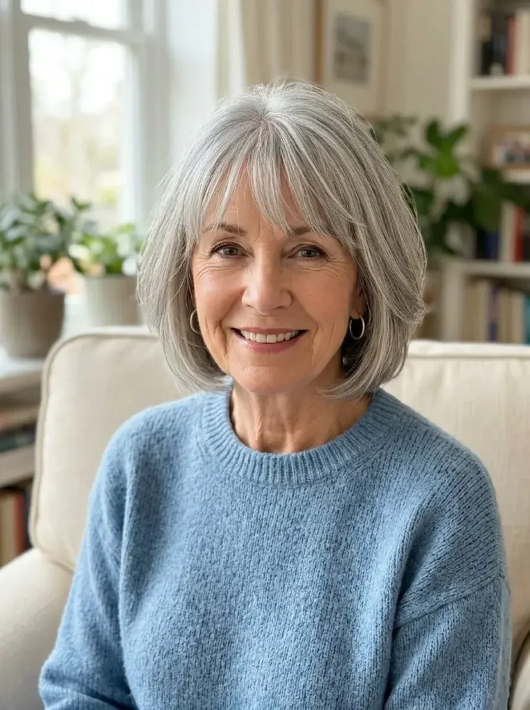 Soft Gray Bob with Wispy Fringe Short Haircuts for Women Over 60 with Thin Fine Hair Soft Gray Bob with Wispy Fringe Short Haircuts for Women Over 60 with Thin Fine Hair