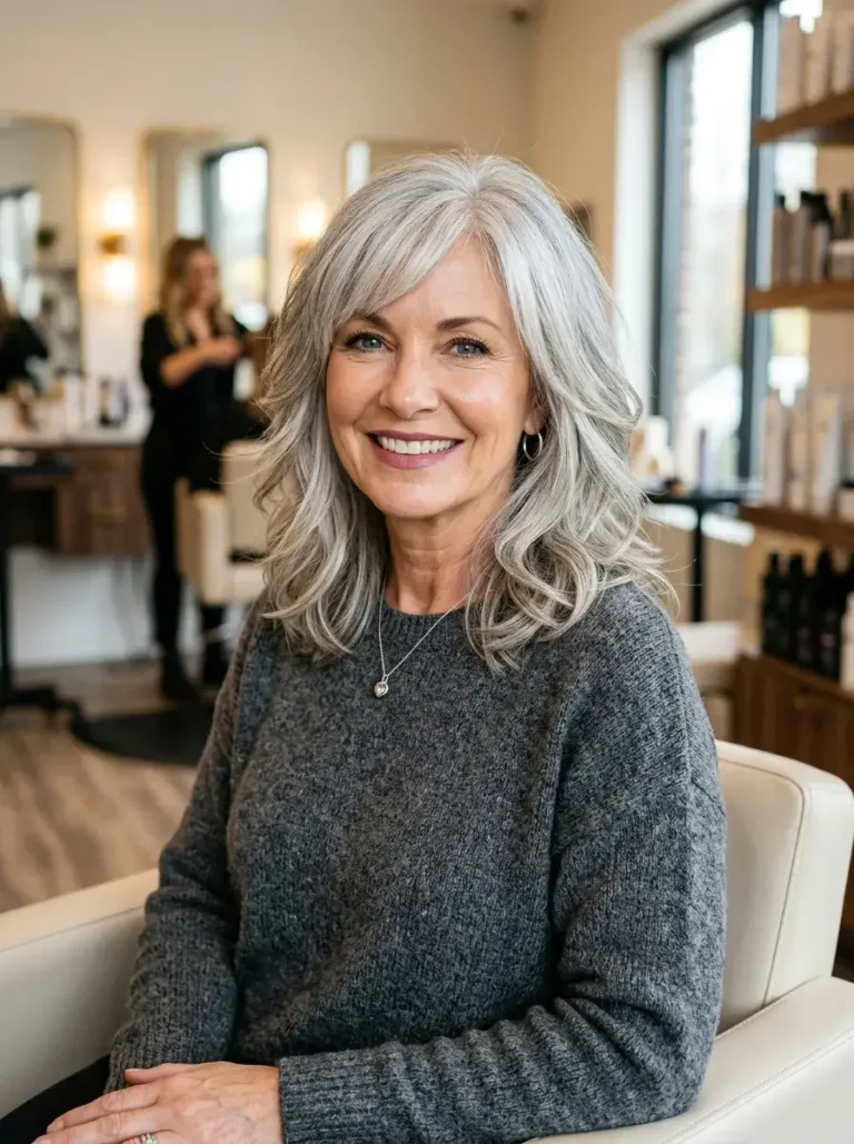 Shoulder-Length Silver Lob with Soft Layers Hairstyle for Women Over 50