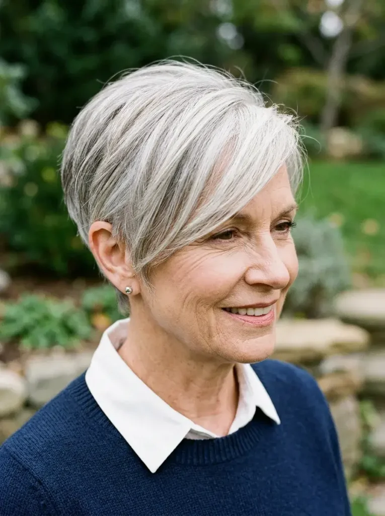 Side Swept Silver Pixie with Dimension Short Haircuts for Women Over 60 with Thin Fine Hair Side Swept Silver Pixie with Dimension Short Haircuts for Women Over 60 with Thin Fine Hair