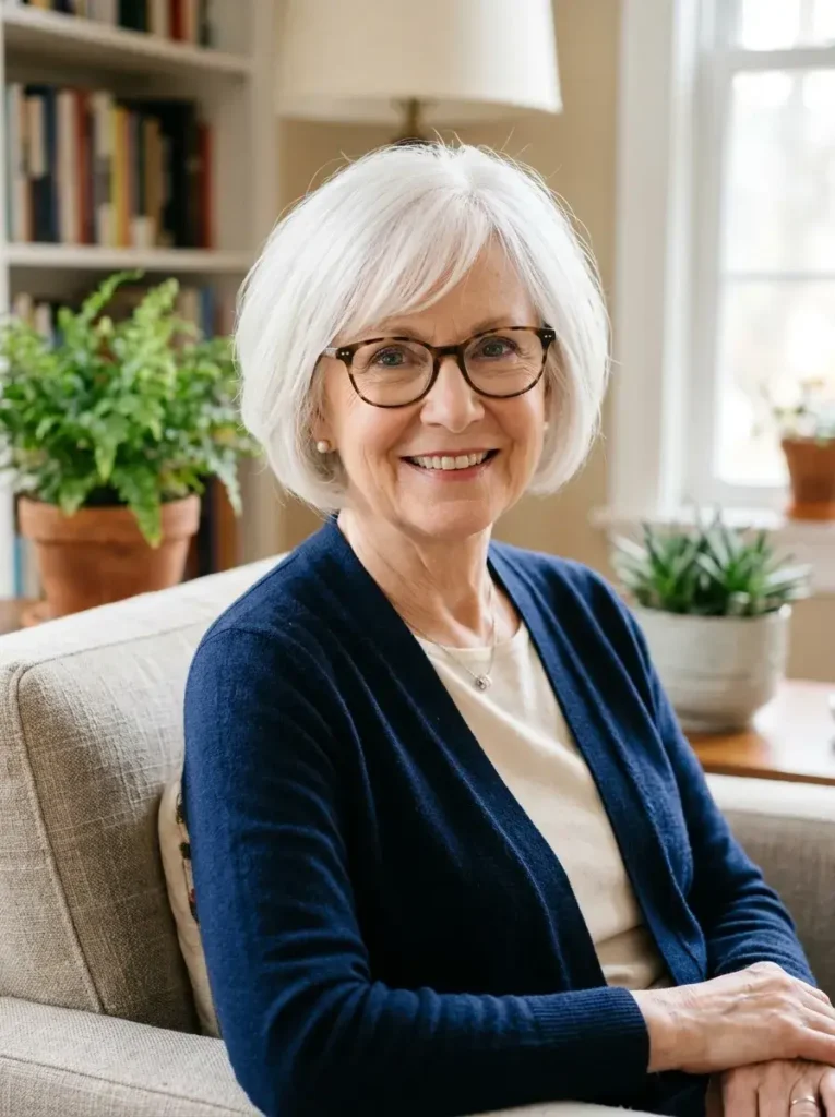 Side Swept White Bob with Rounded Shape Short Haircuts for Women Over 60 with Thin Fine Hair Side Swept White Bob with Rounded Shape Short Haircuts for Women Over 60 with Thin Fine Hair